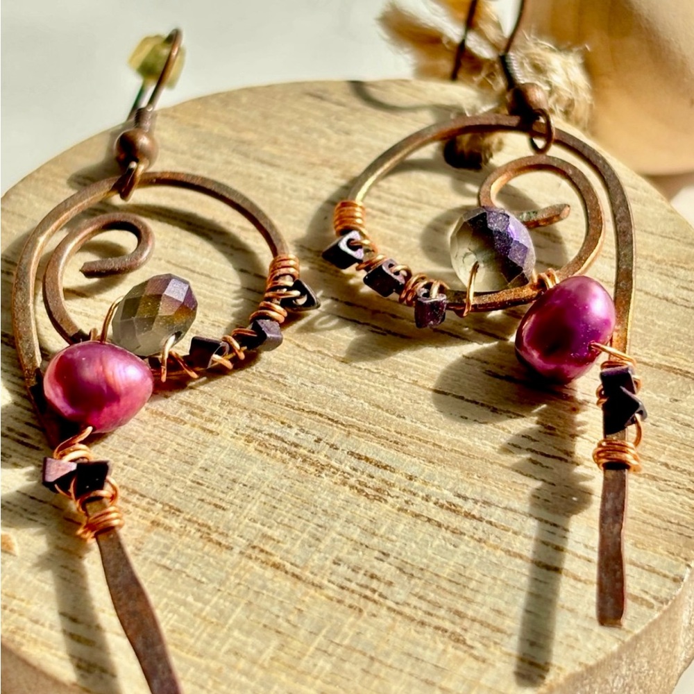 Copper Wire Earrings With Purple Crystal Beads